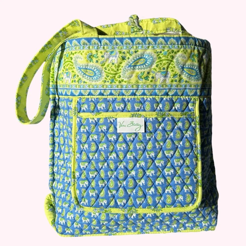 Vera Bradley Retired Tote Bag EUC Quilted Paisley Yellow Blue Elephants USA-Made - Picture 8 of 13